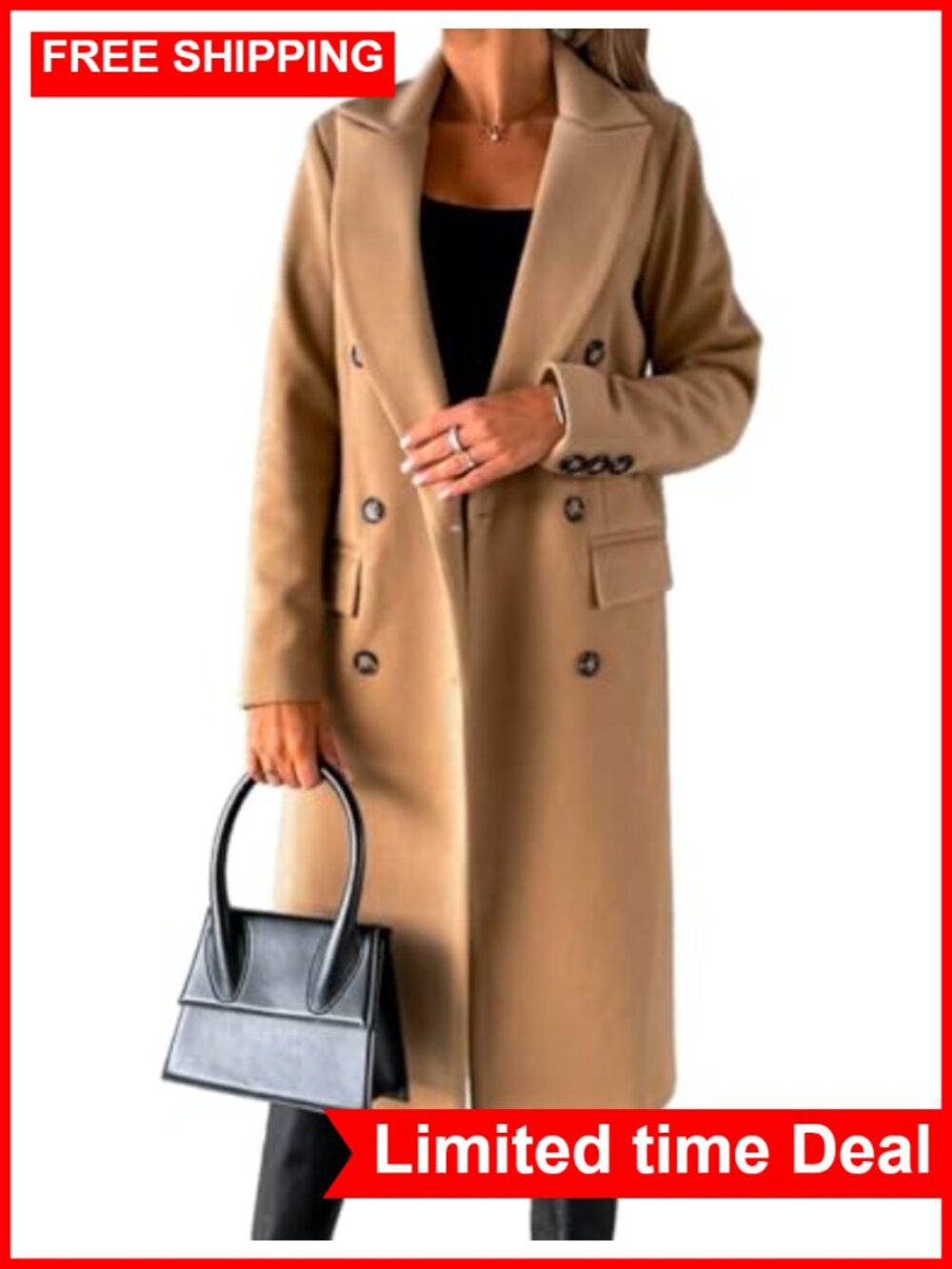 Long Wool Peacoat Women Double Breasted Trench Coat Fall Winter Overcoat
